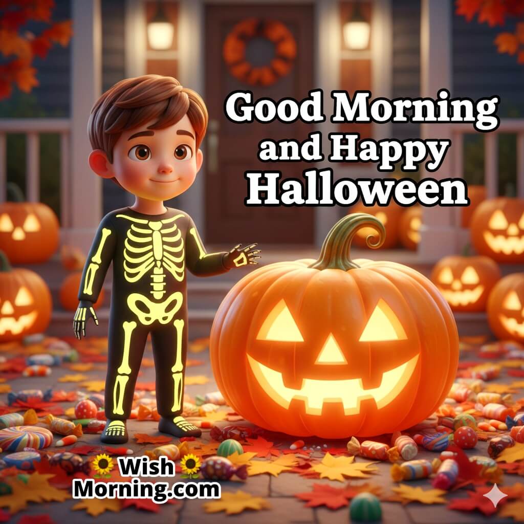 Good Morning and Happy Halloween image featuring a boy in skeleton costume near a glowing pumpkin and candy, symbolizing childlike fun and seasonal celebration.