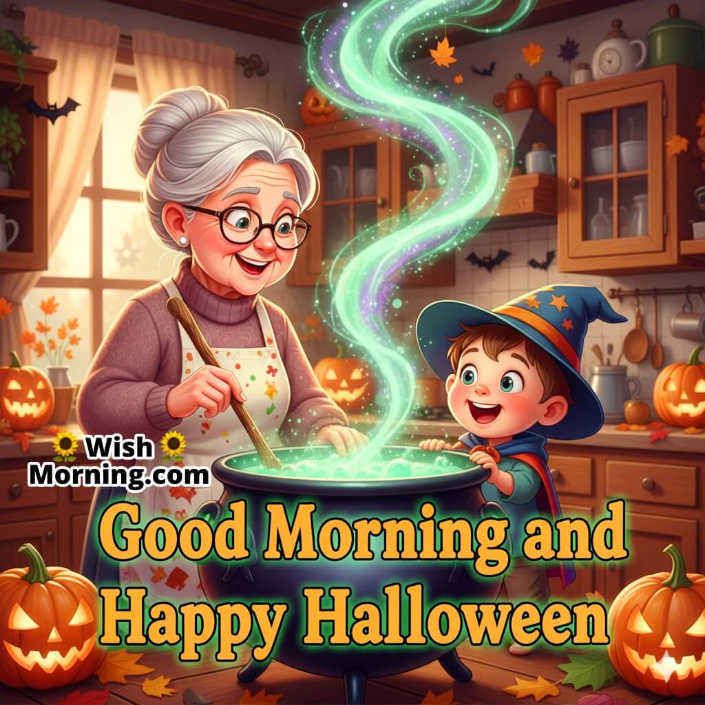 Good Morning and Happy Halloween image featuring a grandmother and magical cauldron, symbolizing wonder, storytelling, and warmth.