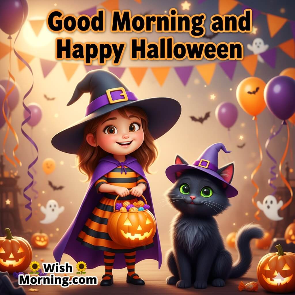 Good Morning and Happy Halloween image featuring a joyful girl in a witch outfit and a cute black cat, symbolizing festive cheer and magical playfulness.