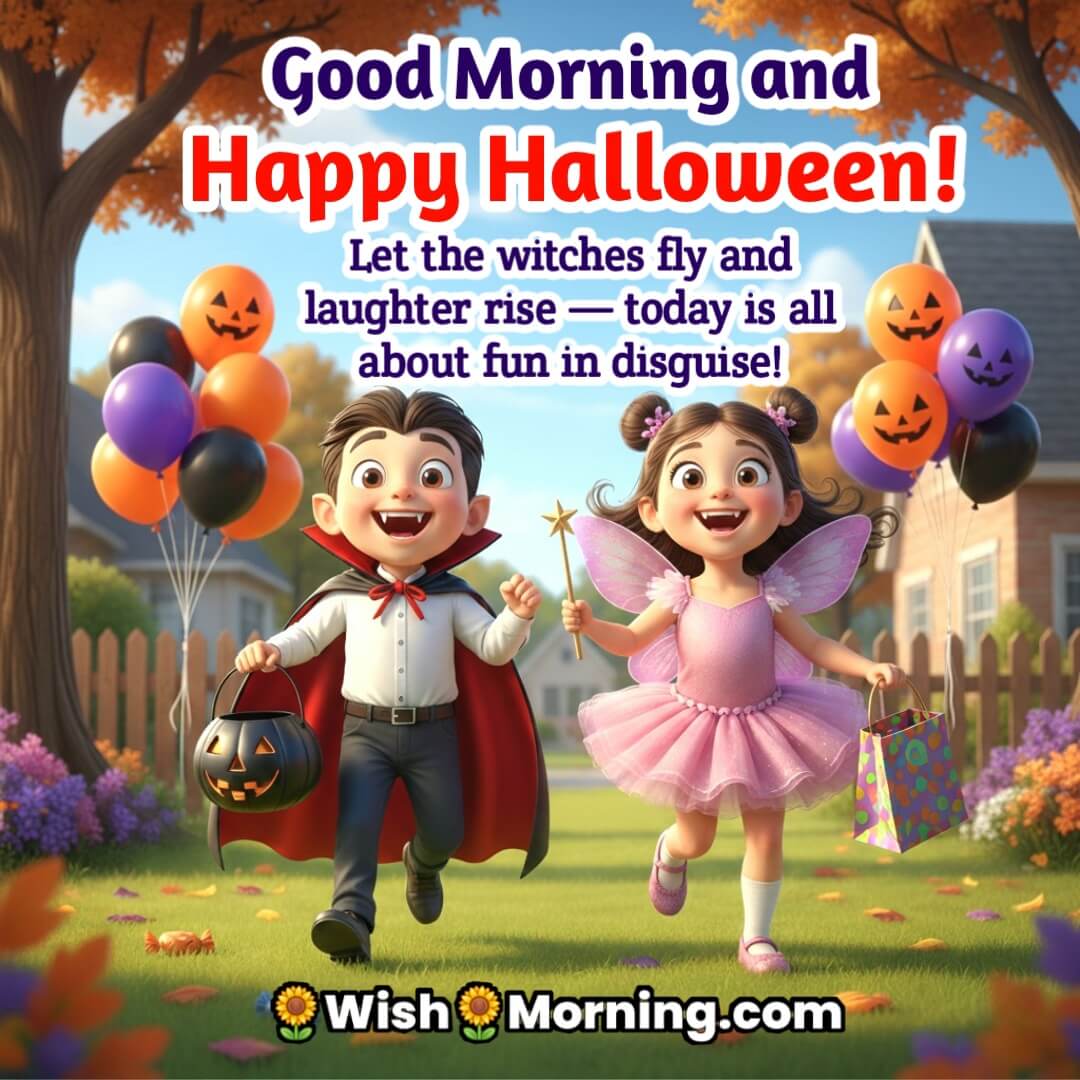 Good Morning and Happy Halloween image featuring kids in colorful Halloween costumes, symbolizing joy, playfulness, and morning energy.