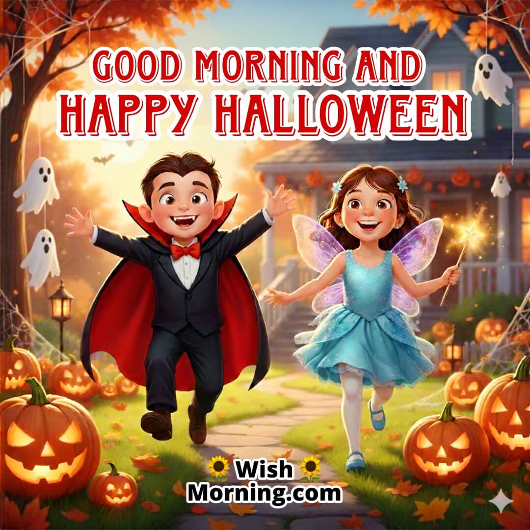 Good Morning and Happy Halloween image featuring kids in playful costumes, symbolizing excitement, imagination, and joyful energy.