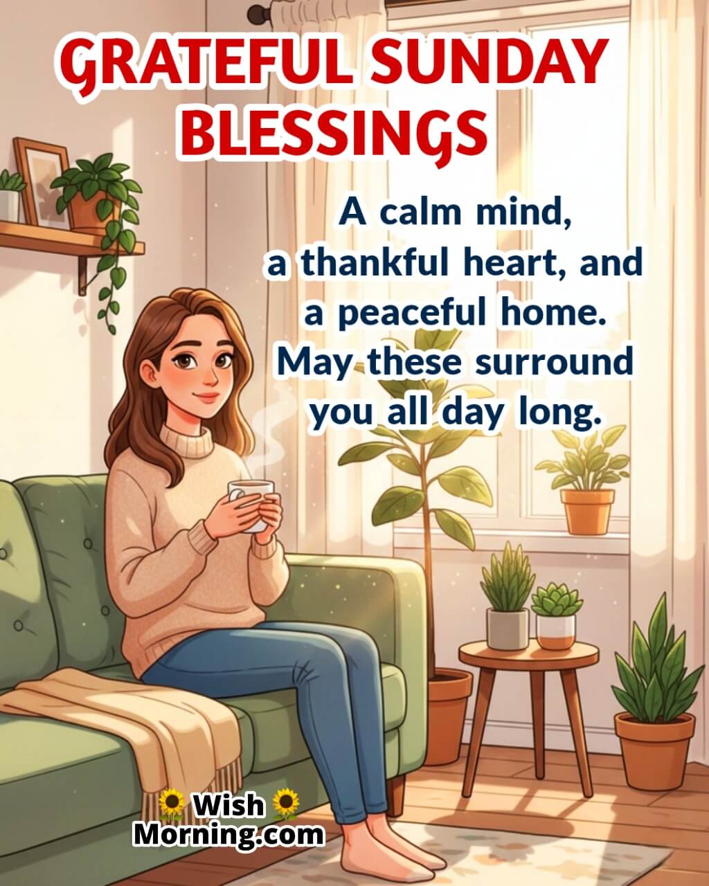 Grateful Sunday Blessings image featuring a woman enjoying tea in morning sunlight symbolizing gratitude and peace.