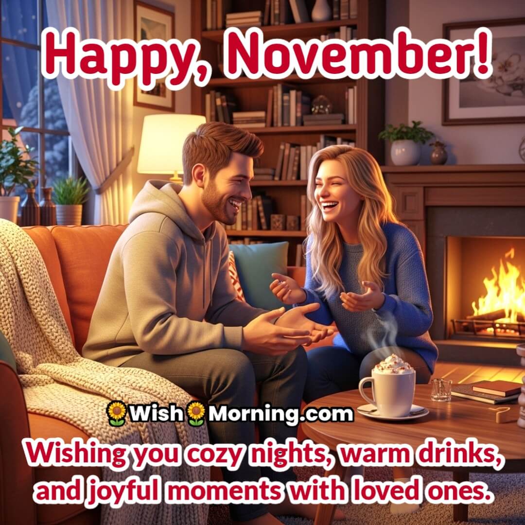 Happy November image featuring cozy home, warm drinks, and laughter, symbolizing comfort, bonding, and seasonal joy.