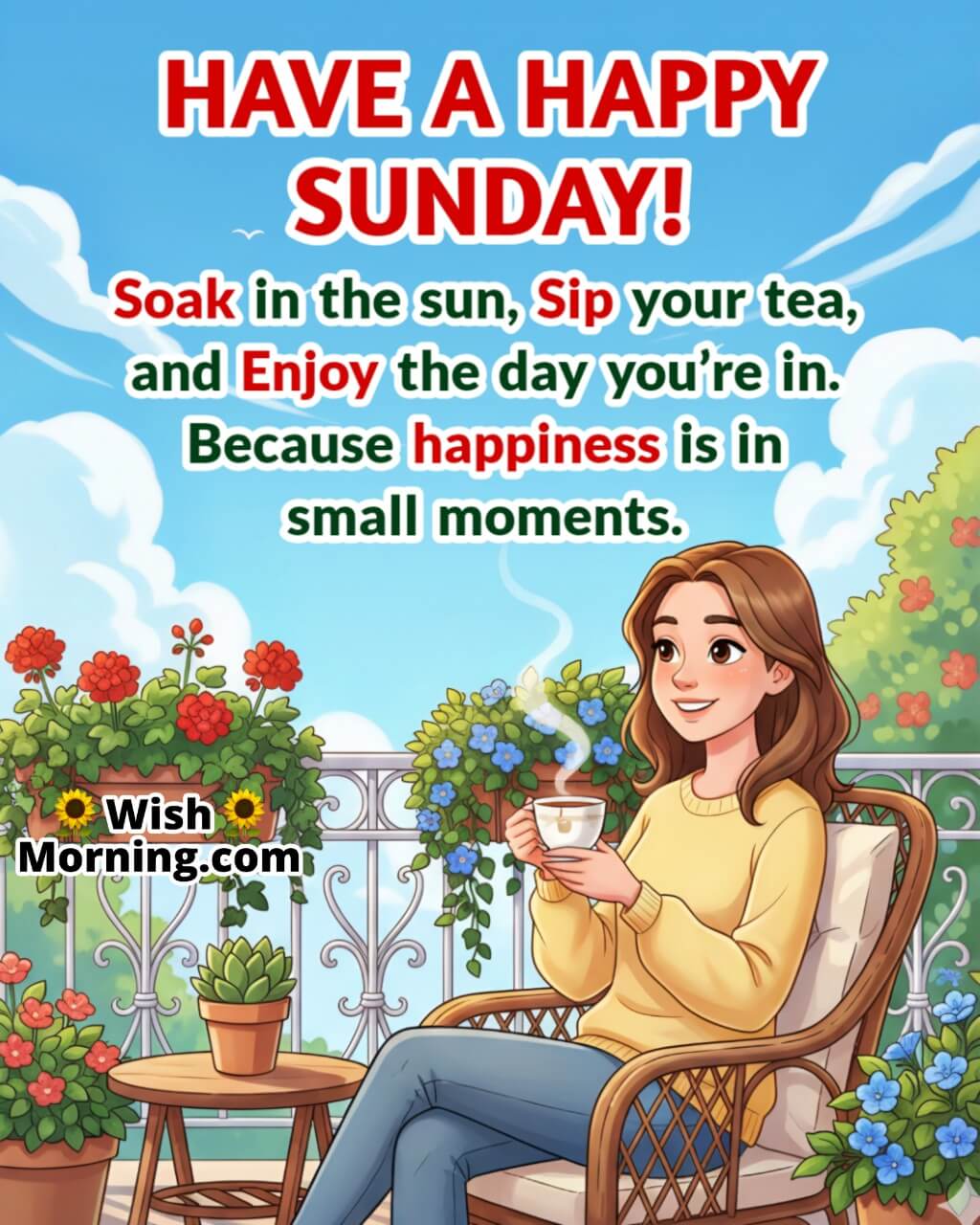 Happy Sunday image featuring a smiling woman sipping tea on a sunny balcony symbolizing joy in simple moments.