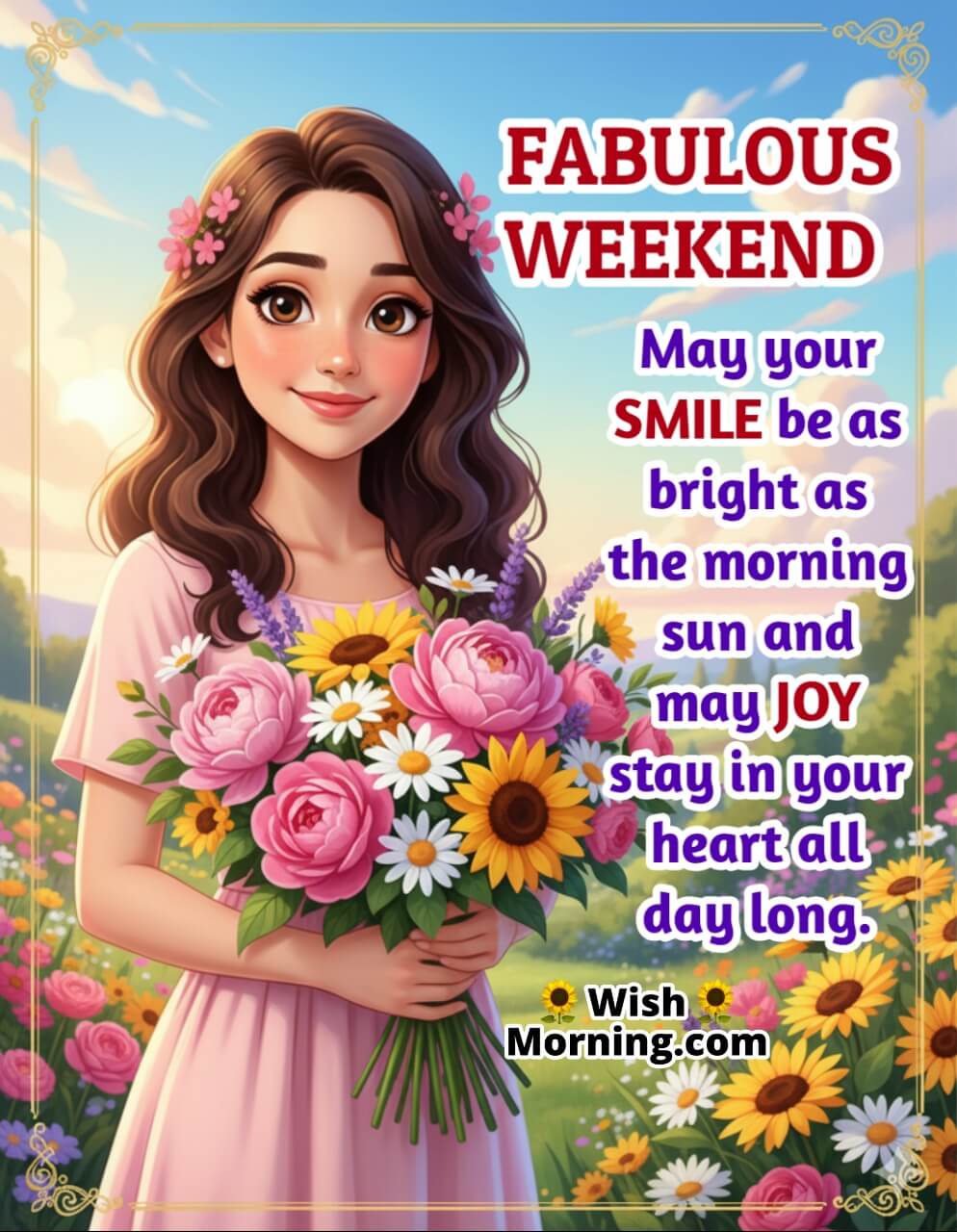 Weekend smiles image featuring a young woman with flowers under a bright sky, looking at the viewer with open expressive eyes, symbolizing happiness and joy.