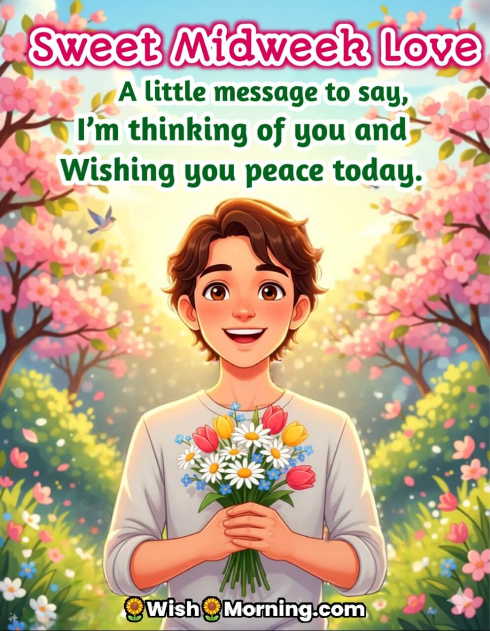 Heartfelt Wednesday Wish image featuring a smiling person with open warm eyes holding a flower bouquet in bright morning light, symbolizing love, care, and midweek affection.