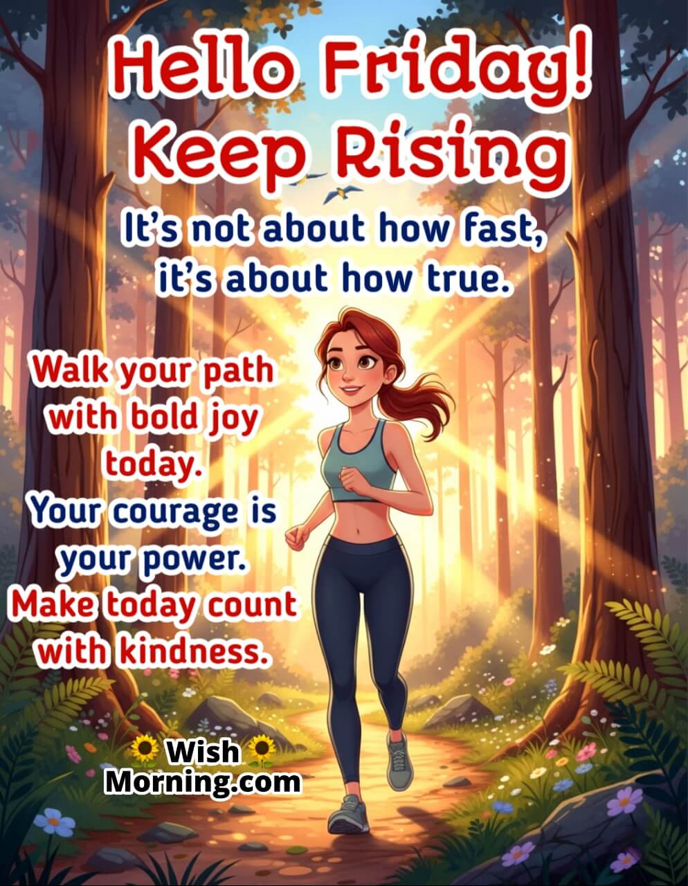 Hello Friday motivational image featuring a woman jogging on a forest trail at sunrise, symbolizing courage, determination, and positivity.