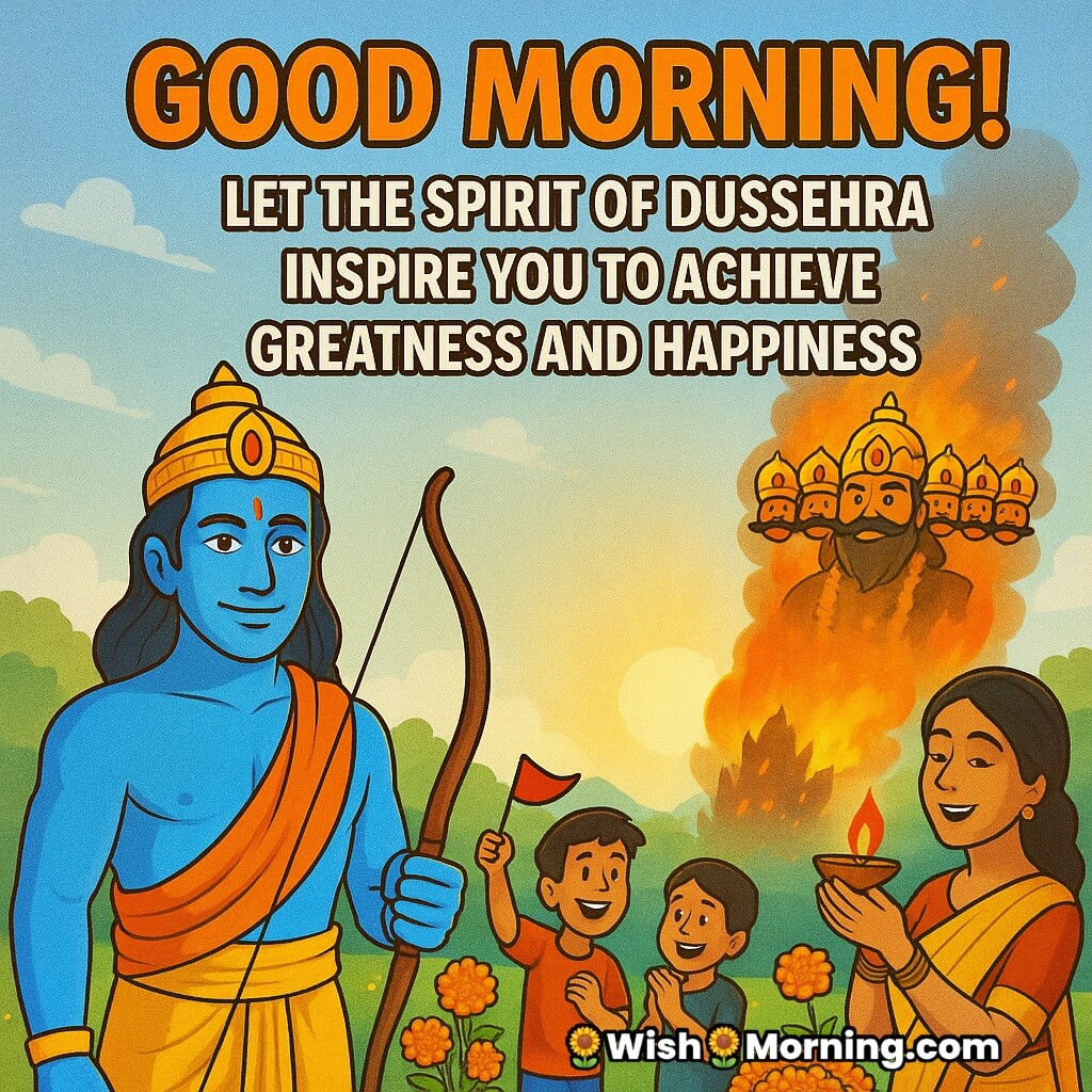 Dussehra Good Morning image featuring Lord Rama with bow, burning Ravana effigy, joyful family with diya and flags under a golden sunrise, symbolizing victory, inspiration, and happiness.
