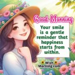 Morning image of a young woman smiling peacefully among flowers with sunlight on her face symbolizing happiness from within.