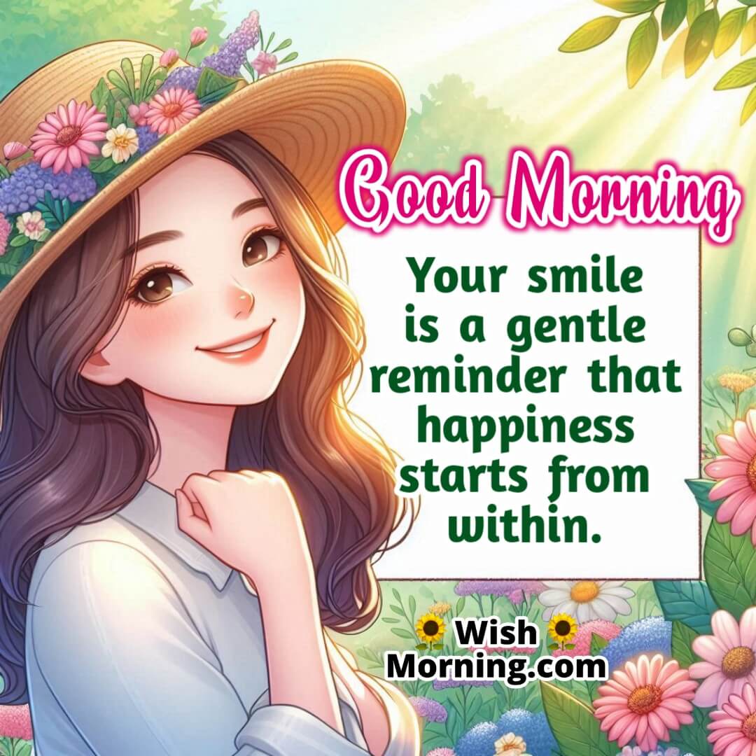 Morning image of a young woman smiling peacefully among flowers with sunlight on her face symbolizing happiness from within.