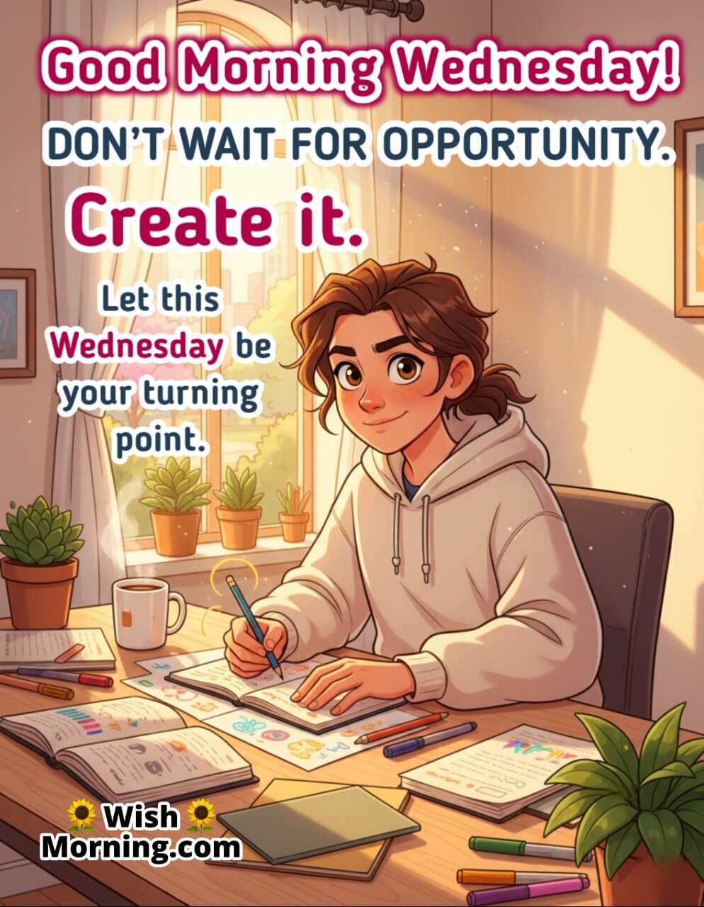 Inspirational Wednesday Quote image featuring a focused young person working by a sunlit window with open eyes and determined expression, symbolizing confidence and new opportunity.