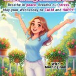 Good Morning Wednesday Wish image featuring a cheerful woman on a sunny balcony surrounded by greenery, smiling with open expressive eyes, symbolizing peace and happiness.