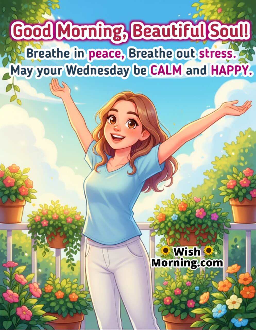 Good Morning Wednesday Wish image featuring a cheerful woman on a sunny balcony surrounded by greenery, smiling with open expressive eyes, symbolizing peace and happiness.