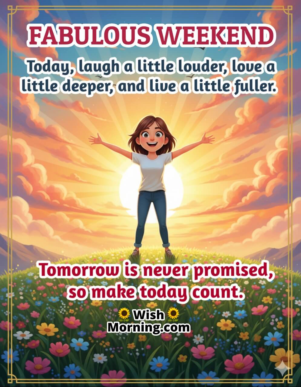 Motivational weekend message image featuring a person on a hilltop sunrise with open expressive eyes, symbolizing courage and positivity.