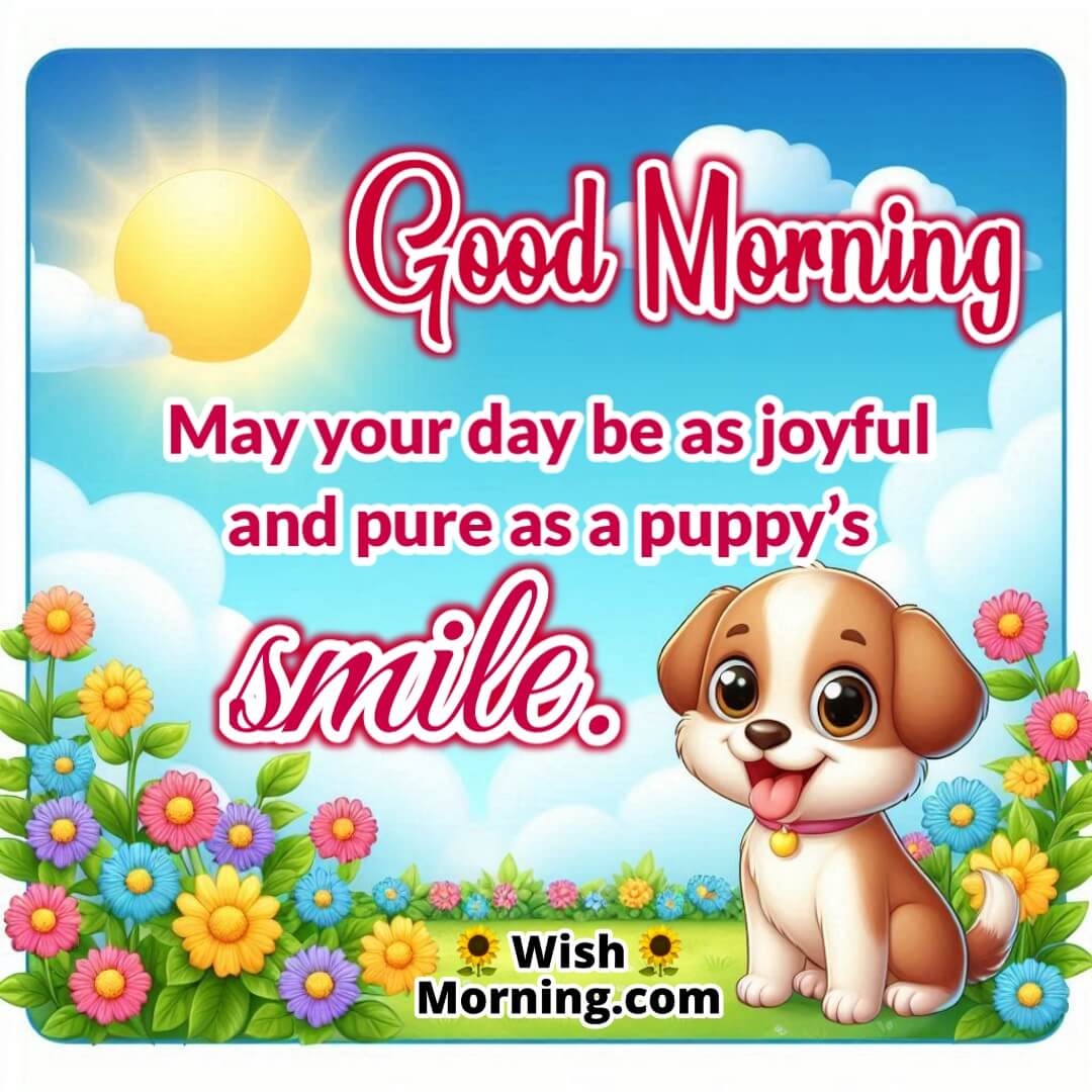 Morning garden image of a cute puppy wagging its tail with a bright smile under blue sky symbolizing joy and innocence.