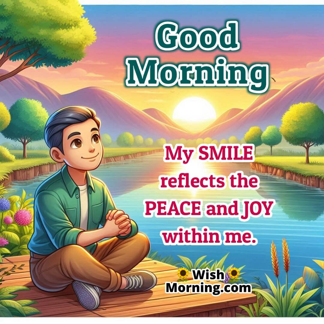 Riverside morning image of a person smiling softly while watching sunrise in peace symbolizing inner joy and serenity.