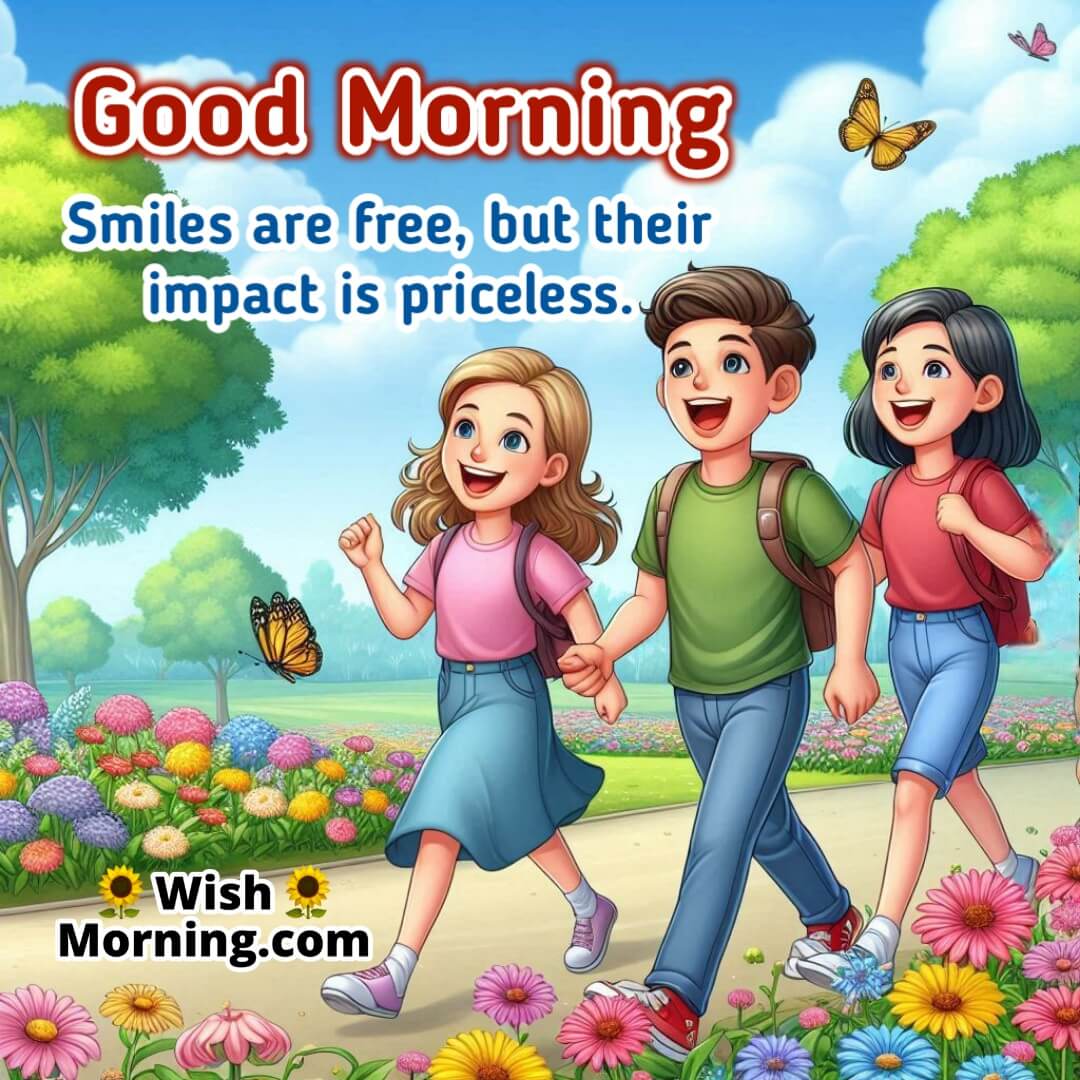 Morning park image of friends laughing and smiling together on a flower-lined path with butterflies symbolizing priceless joy.