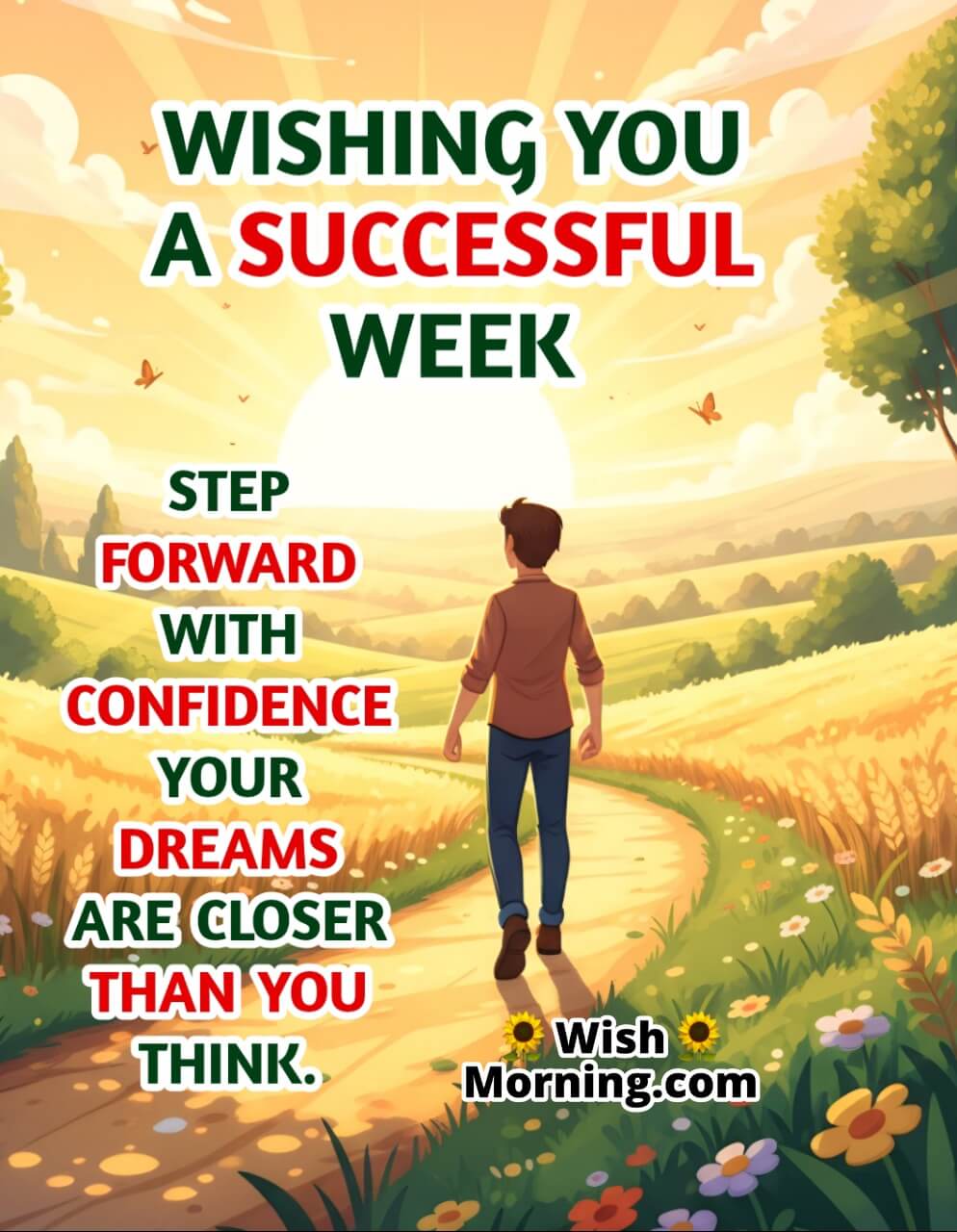 Successful and Happy New Week image featuring a person walking on a sunlit path symbolizing progress, dreams, and determination.