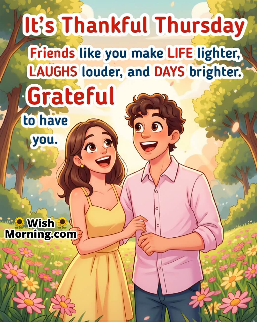 Thankful Thursday image featuring two happy friends laughing in a sunny park, symbolizing love, friendship, and gratitude.