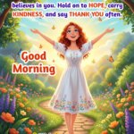 Thankful Thursday image featuring a joyful woman in a garden greeting the sunrise with gratitude, symbolizing hope and positivity.