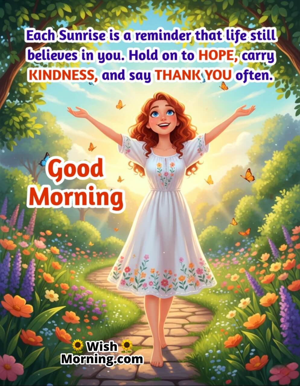 Thankful Thursday image featuring a joyful woman in a garden greeting the sunrise with gratitude, symbolizing hope and positivity.