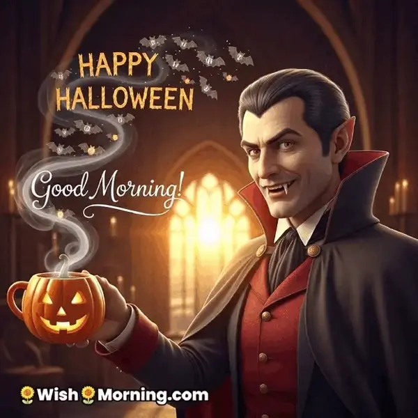 Animated Good Morning and Happy Halloween Sticker GIF where a friendly vampire holds a pumpkin-themed mug as steam rises into glowing text, symbolizing coziness and humor.