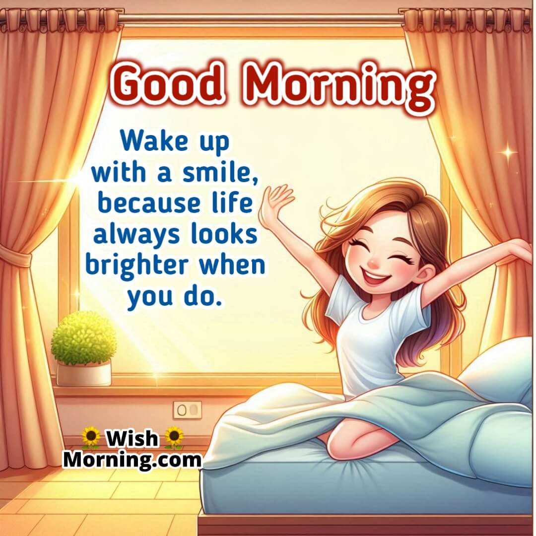 Morning image of a person smiling and stretching on the bed as golden sunlight enters the room — symbolizing positivity and brightness.