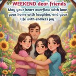 Weekend love wishes image featuring four friends hugging in a flower garden with open expressive eyes, symbolizing joy and togetherness.