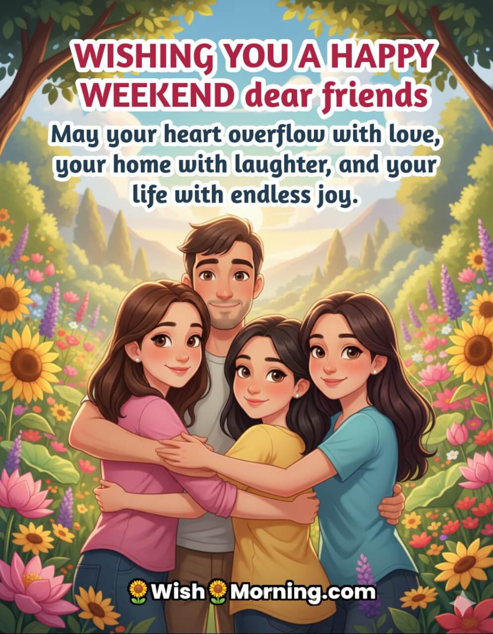 Weekend love wishes image featuring four friends hugging in a flower garden with open expressive eyes, symbolizing joy and togetherness.