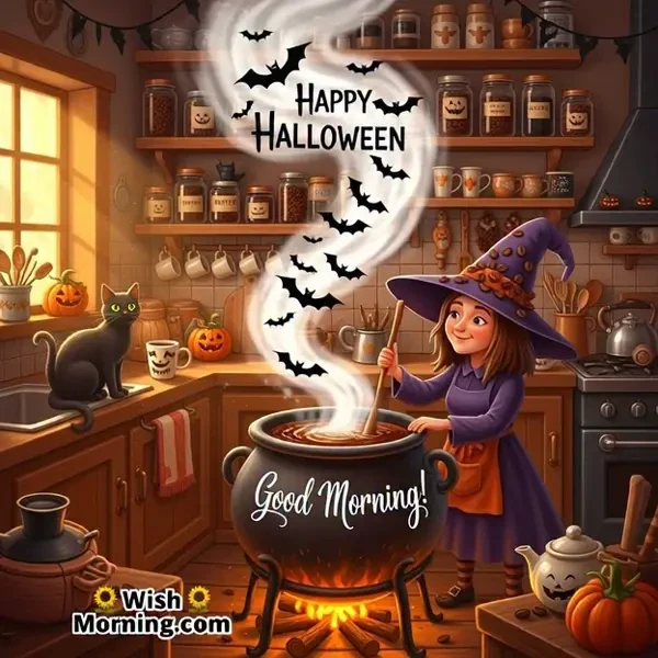Animated Good Morning and Happy Halloween GIF where a cute witch stirs coffee in a bubbling cauldron and steam forms the greeting, symbolizing warmth, comfort, and cheerful start to the day.