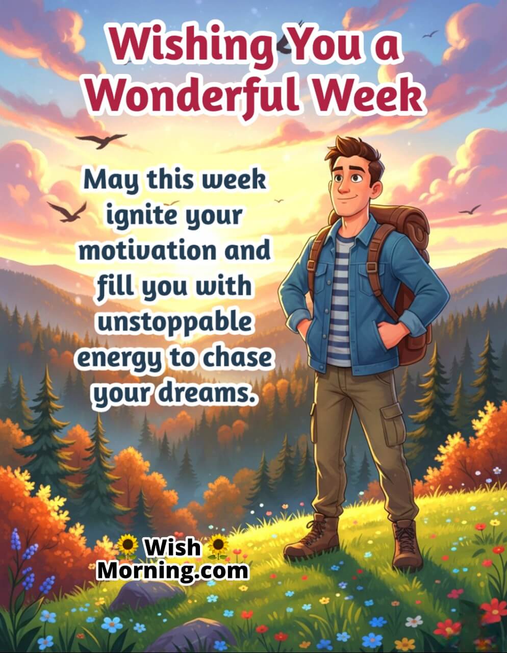 Wonderful Motivational New Week image featuring a confident person on a sunrise hilltop symbolizing strength and inspiration for a fresh start.