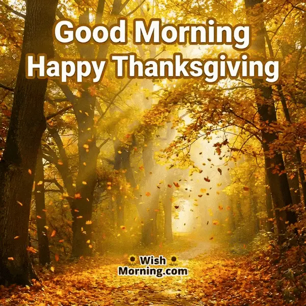 Animated Good Morning Happy Thanksgiving GIF showing swirling autumn leaves on a golden forest path, symbolizing peace and new beginnings.