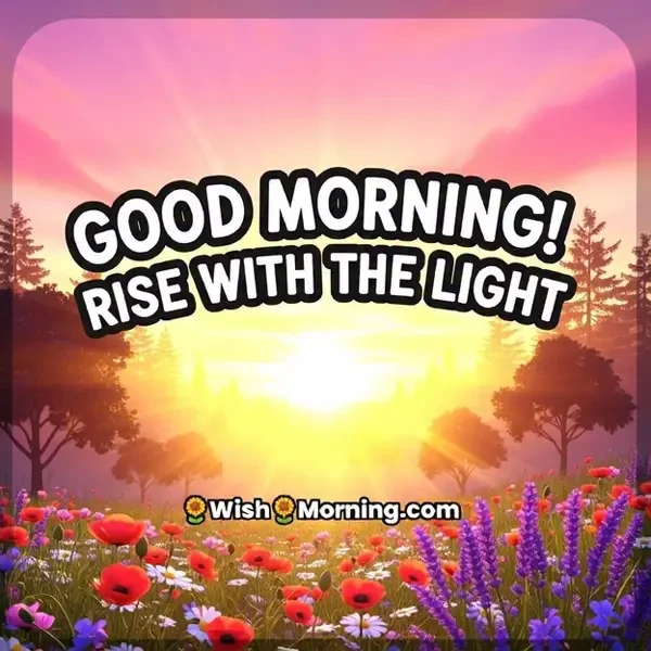 Animated Beautiful Good Morning GIF showing dawn colors shifting from pink to golden as “Good Morning! Rise with the Light” glows brightly, symbolizing hope and new beginnings.