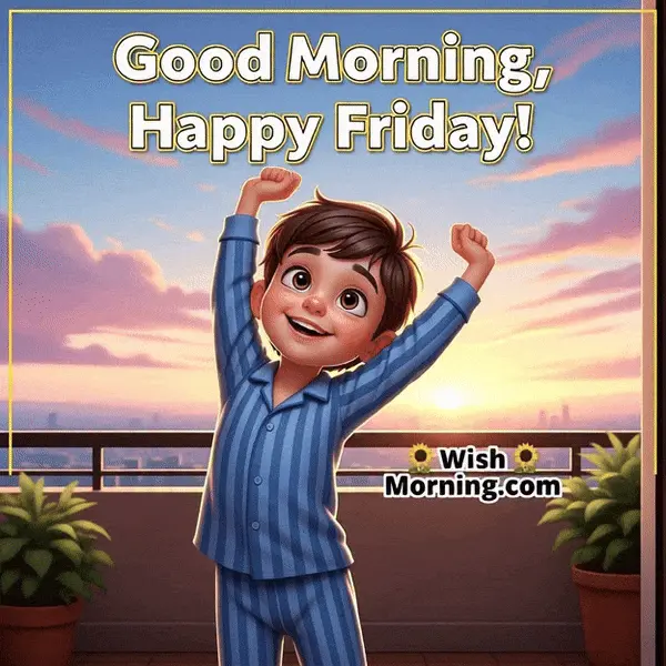 Happy Friday animated GIF featuring a smiling boy stretching toward the sunrise, symbolizing a bright new start.