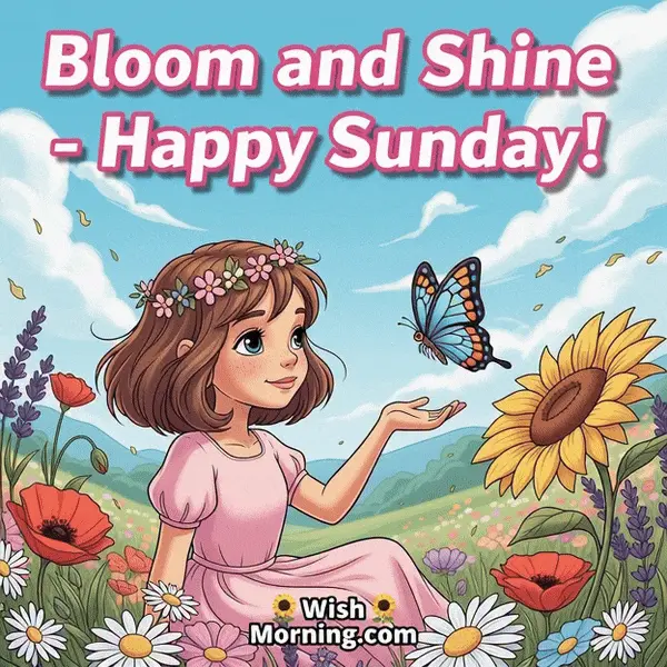Happy Sunday animated GIF featuring a cheerful girl sitting in a flower garden while a butterfly flutters nearby, symbolizing joy and beauty.
