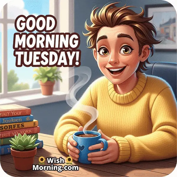 Happy Tuesday animated GIF featuring a person holding a coffee mug while steam rises gently, symbolizing warmth and a fresh morning start.