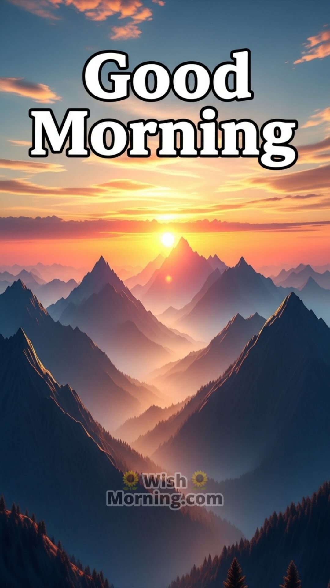 Good Morning mobile-friendly wallpaper featuring a colourful 3D sunrise behind peaceful mountains.