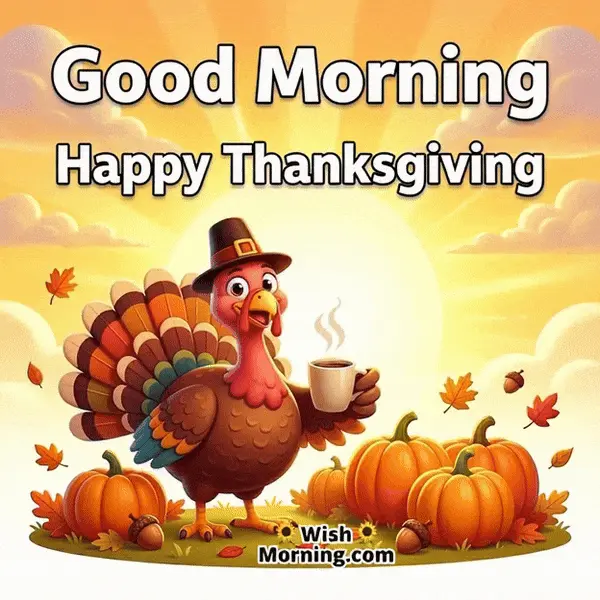 Animated Good Morning Happy Thanksgiving GIF showing a cute turkey with steaming coffee, symbolizing fun and cheerful holiday spirit.