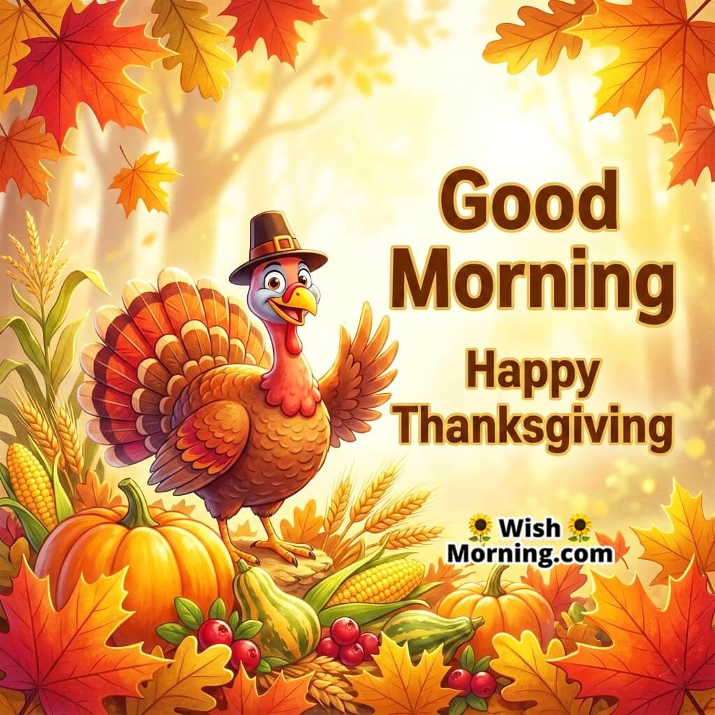 Good Morning Happy Thanksgiving card featuring a cheerful turkey with autumn leaves symbolizing festive joy and gratitude.