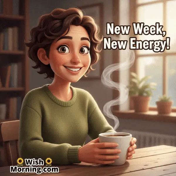 Happy Monday animated GIF featuring a person enjoying morning coffee while steam rises gently, symbolizing warmth and motivation.