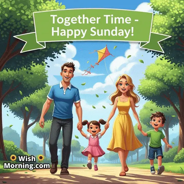 Happy Sunday animated GIF featuring a smiling family walking in a park while leaves sway gently, symbolizing togetherness and love.