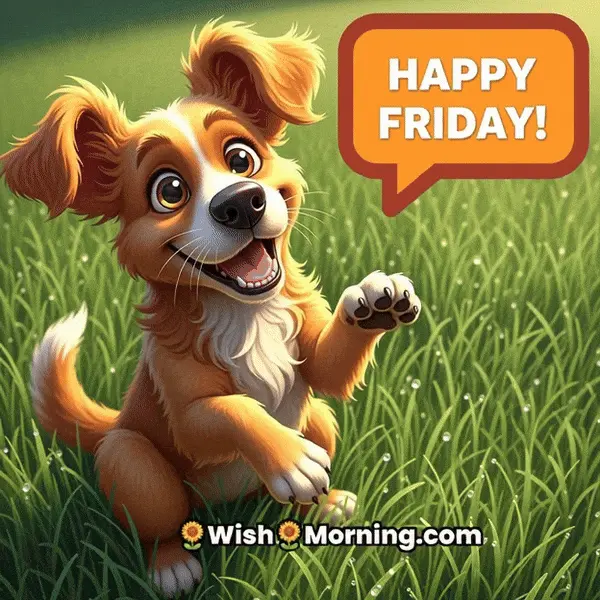 Happy Friday animated GIF featuring a cute dog dancing with playful paws, symbolizing happiness and energy.