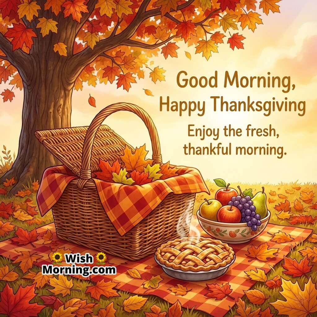 Good Morning Happy Thanksgiving image featuring a fall picnic setup symbolizing fresh air and joyful moments.