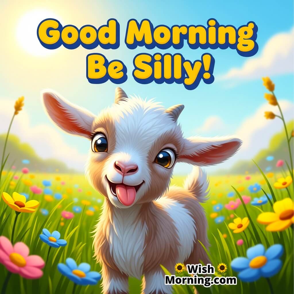 Good Morning Be Silly featuring a baby goat making a funny face in a bright field, symbolizing carefree joy.