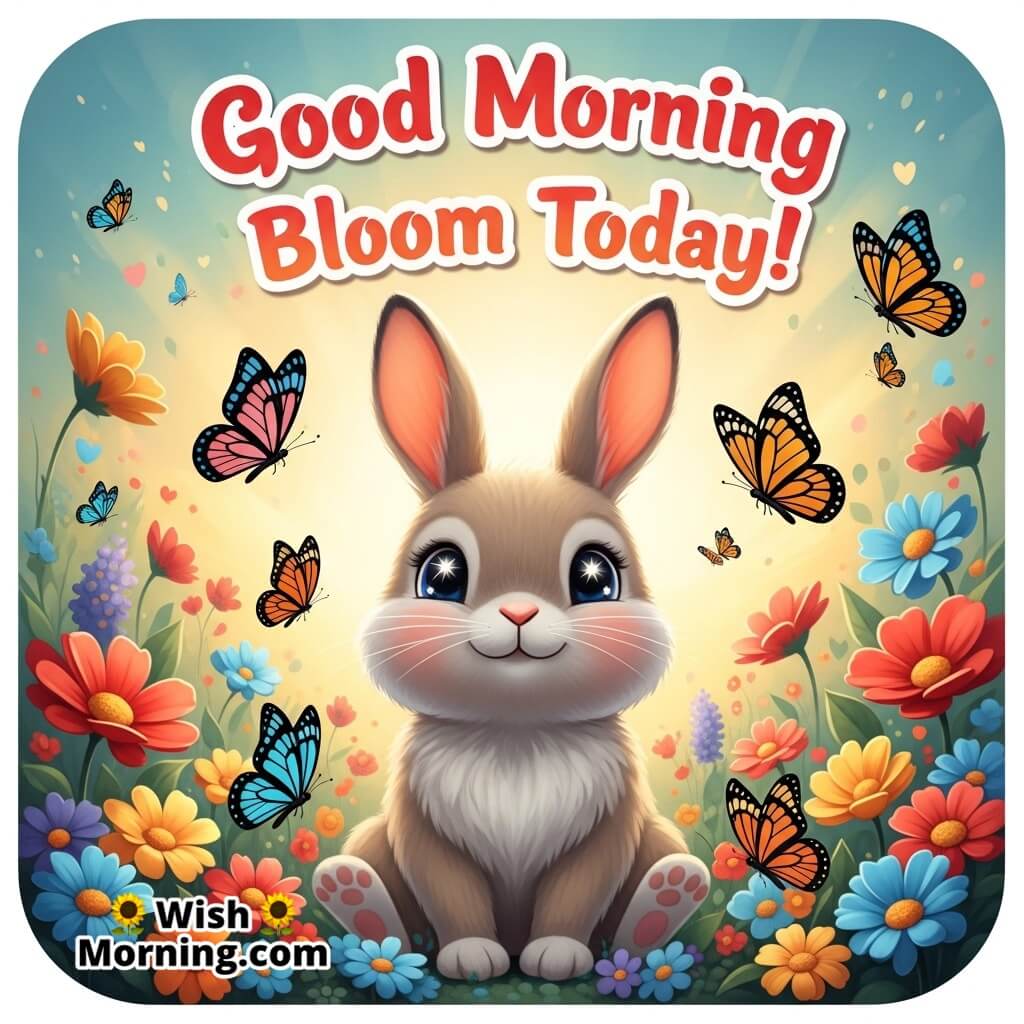 Good Morning Bloom Today featuring a cute rabbit in a colourful flower garden, symbolizing freshness and new beginnings.
