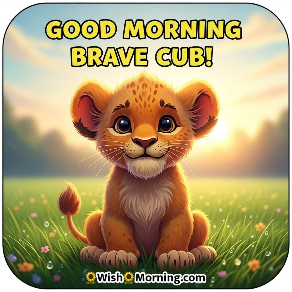 Good Morning Brave Cub featuring a lion cub in sunrise grasslands, symbolizing confidence and determination.
