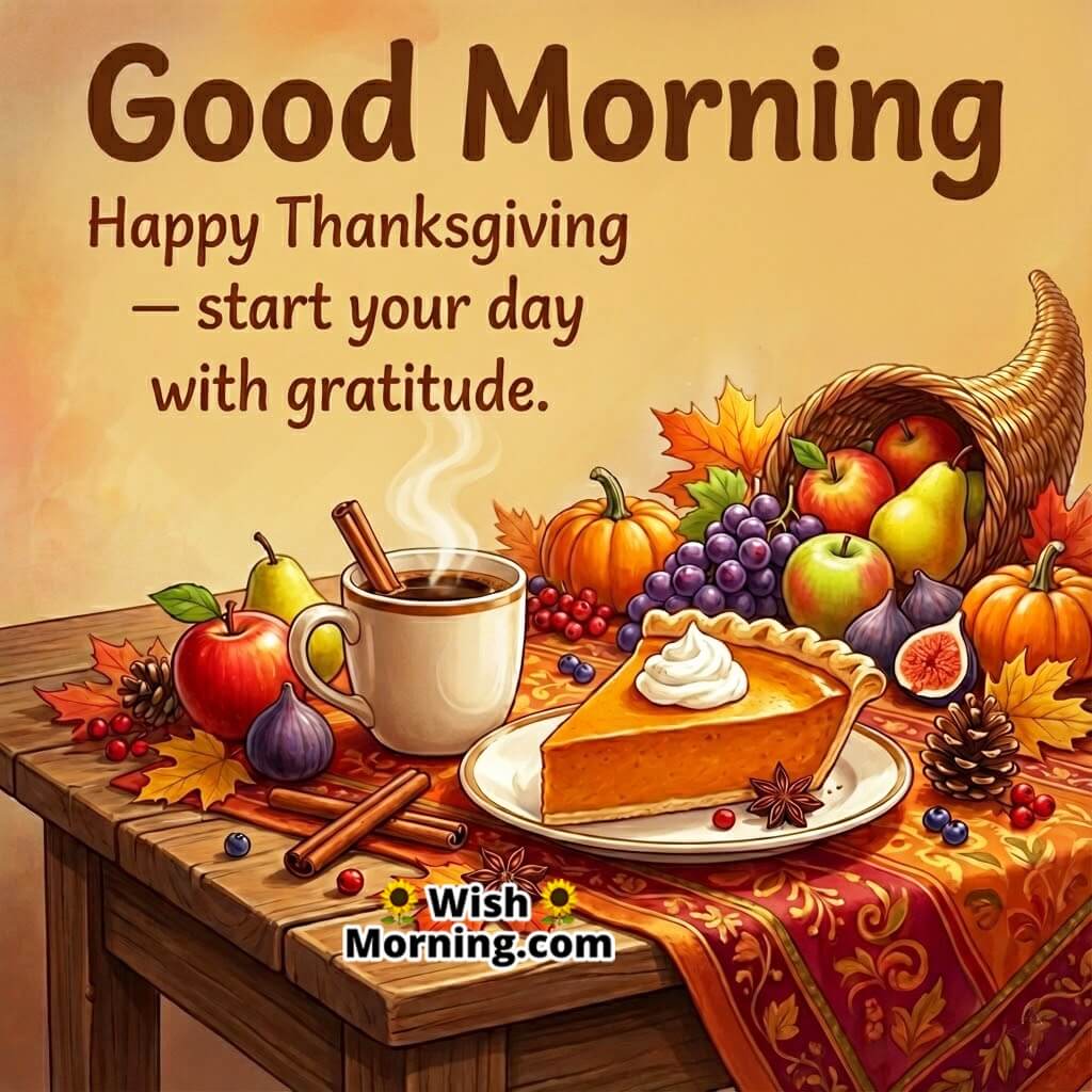 Good Morning Happy Thanksgiving image featuring coffee, pie, and autumn table décor symbolizing a warm and grateful start.