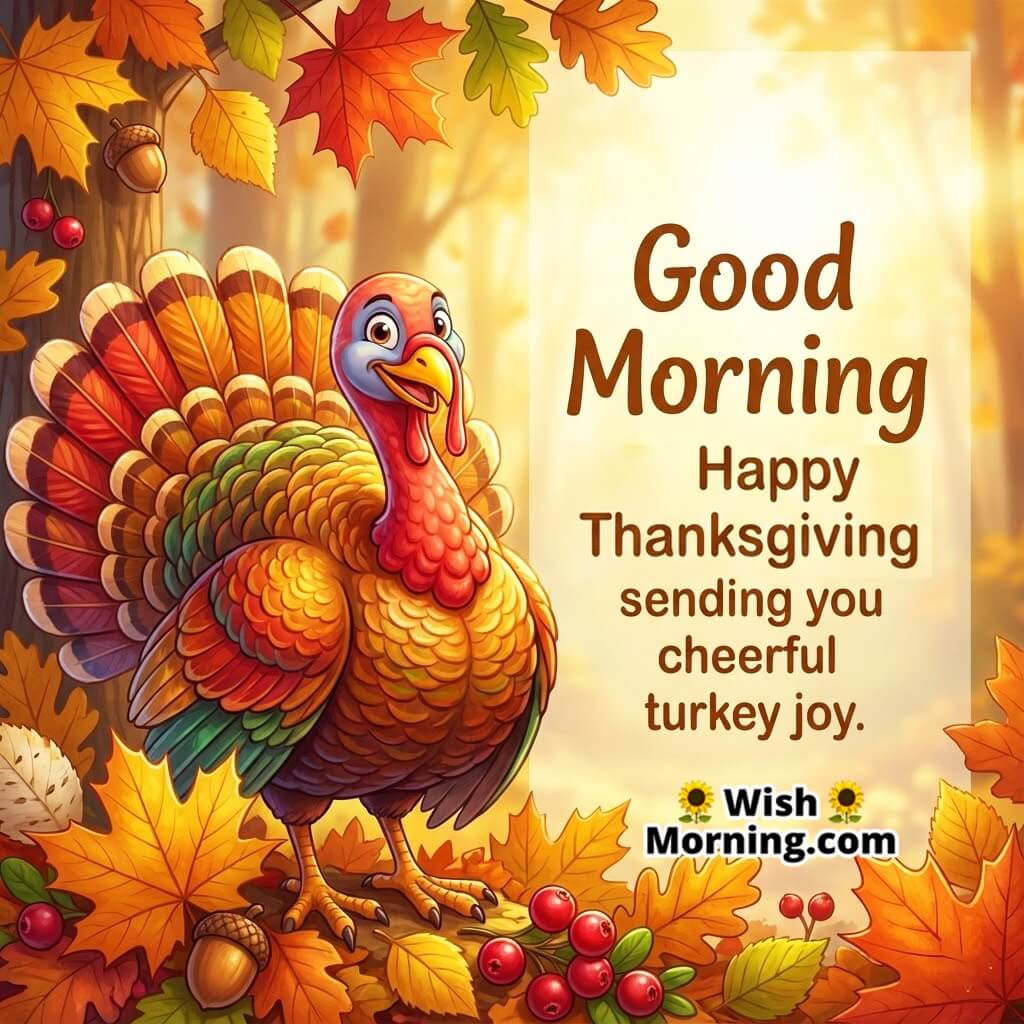 Good Morning Happy Thanksgiving card image featuring a cheerful turkey surrounded by fall leaves symbolizing festive joy.