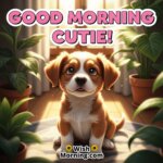 Good Morning Cutie featuring a cute puppy sitting on a soft rug with warm sunlight and plants, symbolizing a cheerful and gentle start.