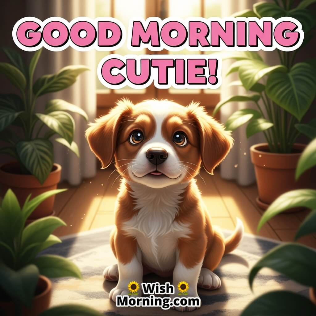 Good Morning Cutie featuring a cute puppy sitting on a soft rug with warm sunlight and plants, symbolizing a cheerful and gentle start.